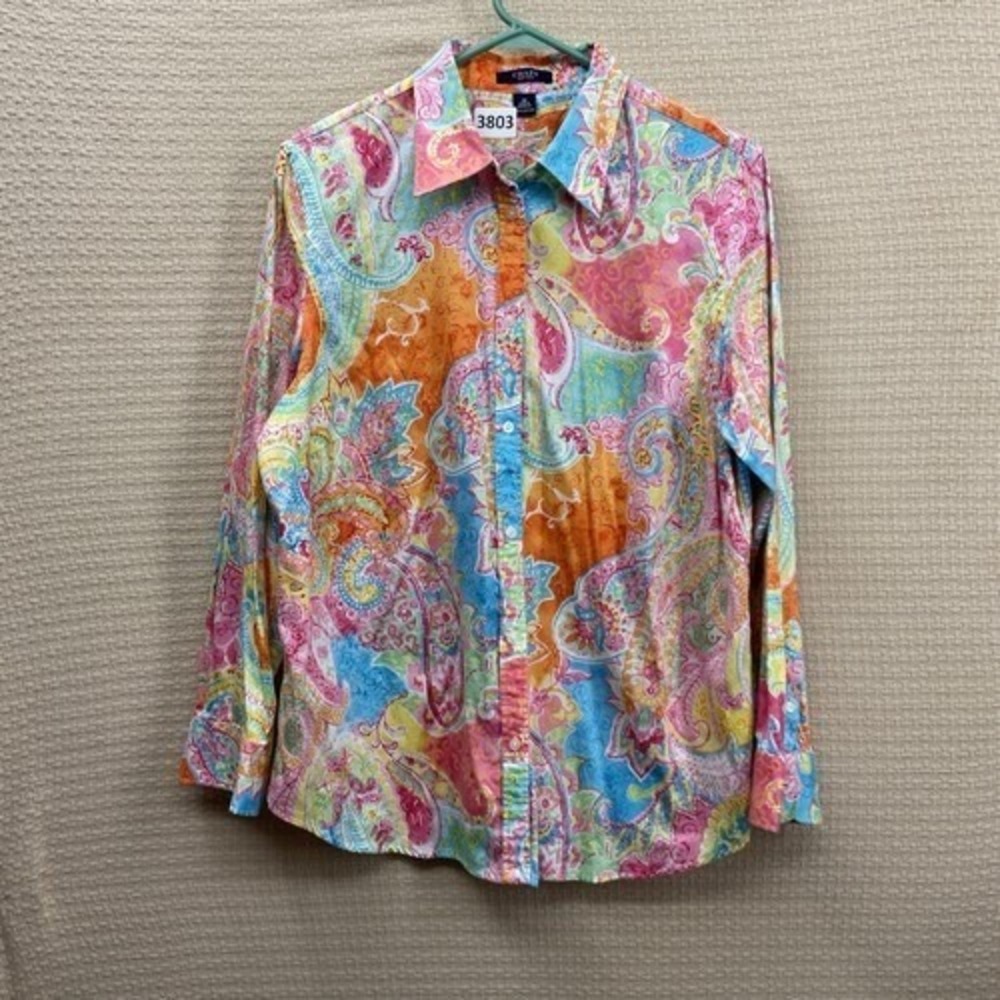 Chaps Orange/Blue‎ Paisley Button Up Shirt Blouse Women 1X Indonesia Cotton